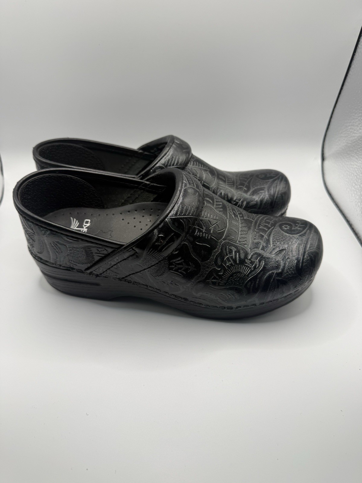 Dansko Professional Clogs EU 37 US 6.5 7 Black Embossed Leather Tooled Shoes