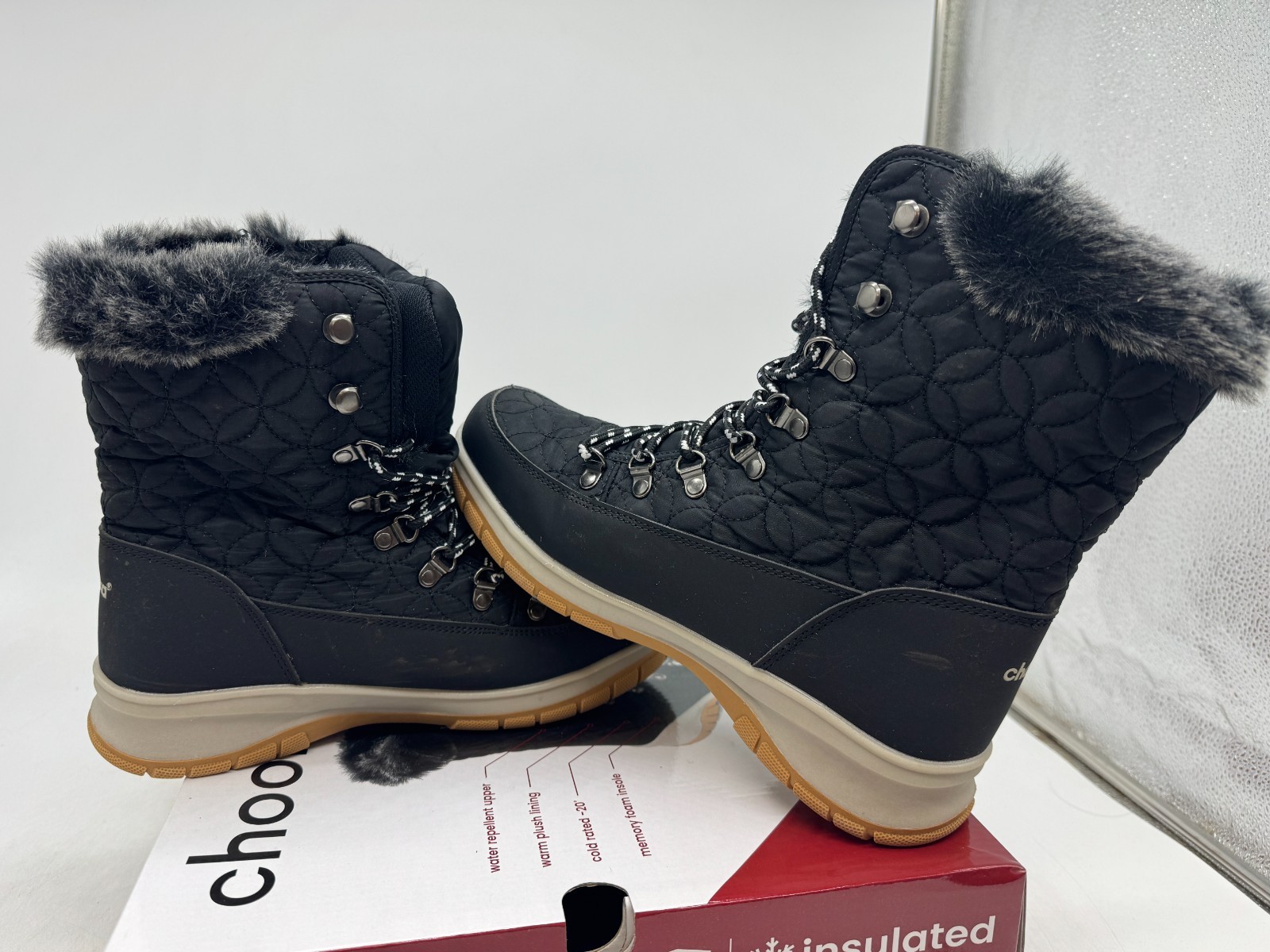 Chooka Belltown Winter Boots Women’s Black Round Toe Insulated Mid Faux Fur – 8