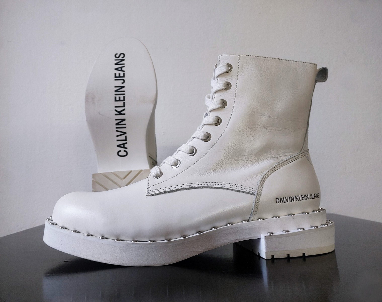 Calvin Klein Jeans Combat Boots Studded White Leather EU 40 Nannie B4R0468