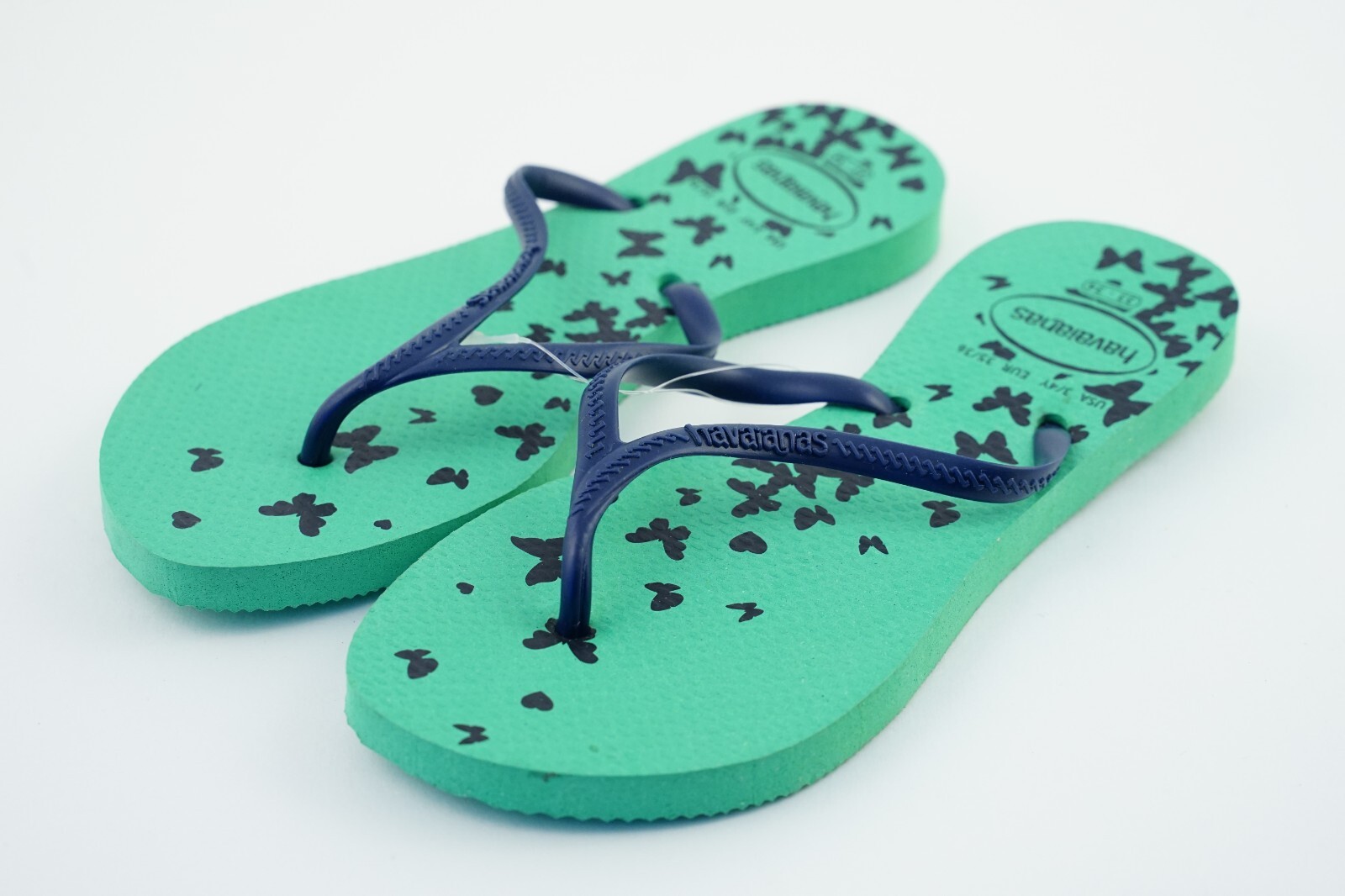 Blue/Green Butterfly Thin Straps Havaianas USA 3/4Y Sandals EUR 35/36 (33/34)