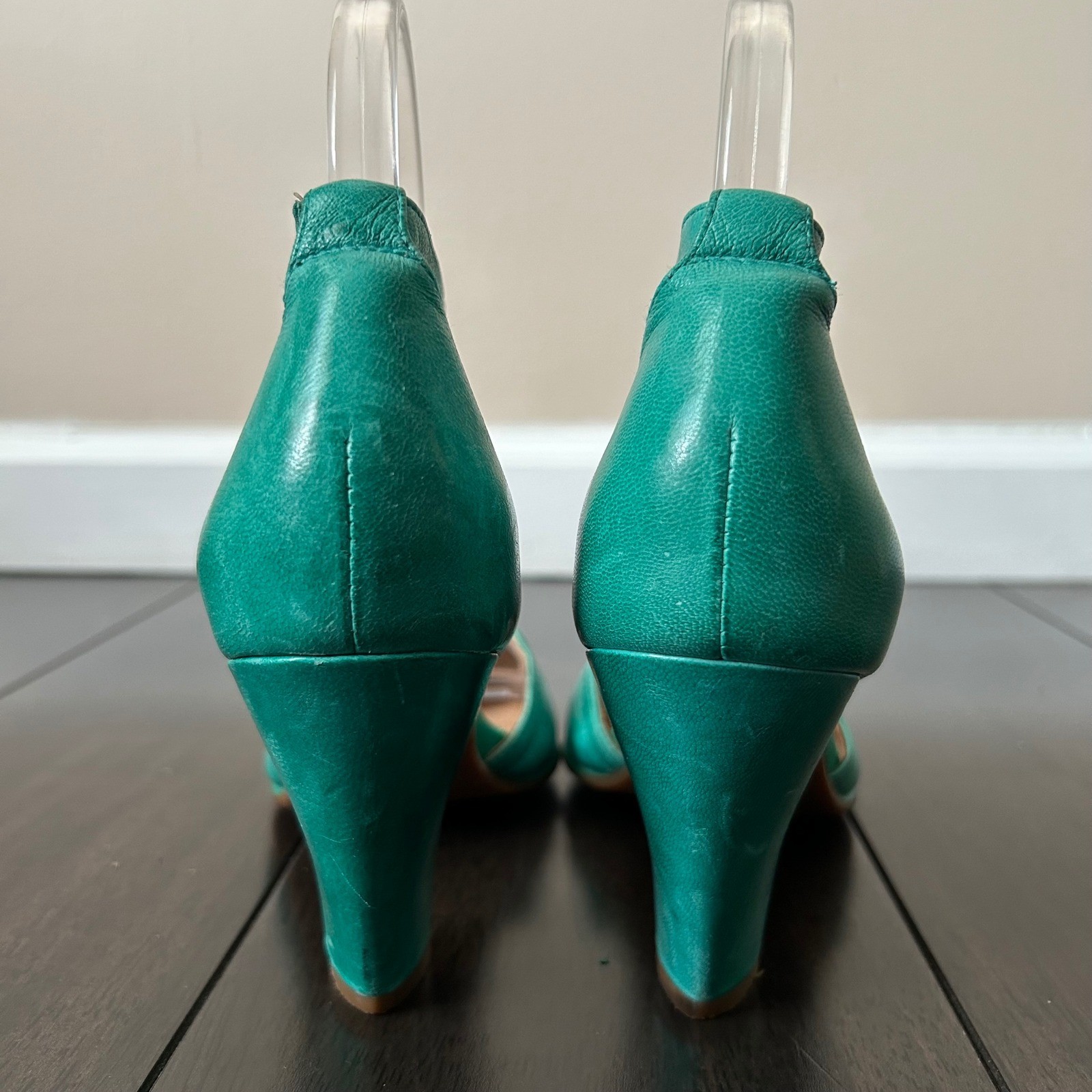 Miz Mooz Teal Leather Laser Cut Scalloped Ankle Strap D’Orsay Cone Heels 7