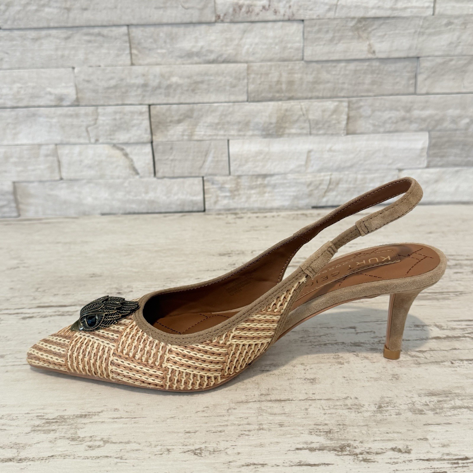 Kurt Geiger London Belgravia Slingback Raffia Woven Heels Beige Combo Size 36 EU