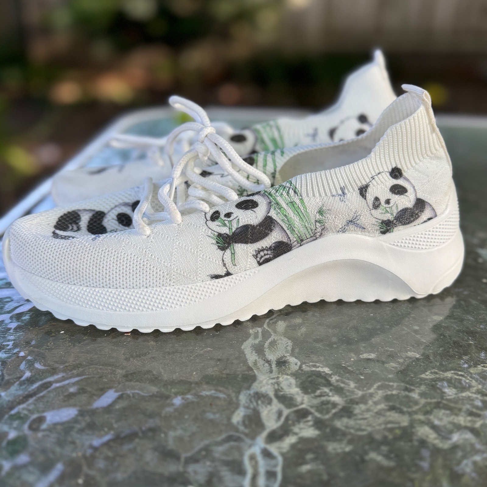 Womens Panda Bamboo Print Knit Sneakers White Casual Slip On Walking Shoes