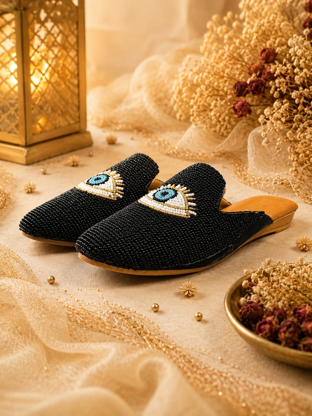 Women’s Black Beaded Evil Eye Mules Slip On Flats Ethnic Handmade Comfort Shoes
