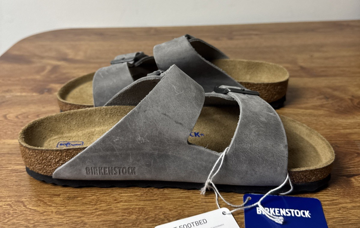 Birkenstock Sandals Unisex Arizona Iron Oiled Leather Slides Soft Footbed M6 W8