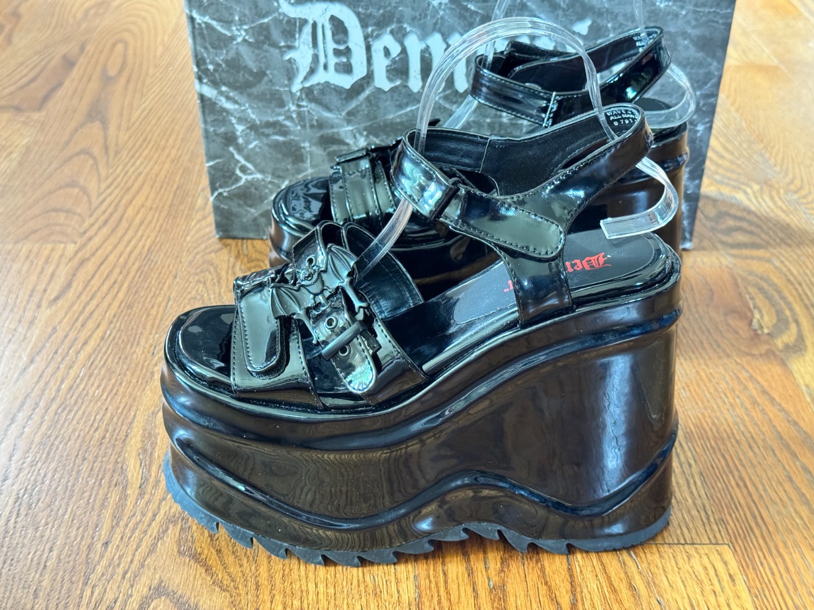 Demonia WAVE-13 Black Patent Platform Sandals | Goth Y2K | Size 9