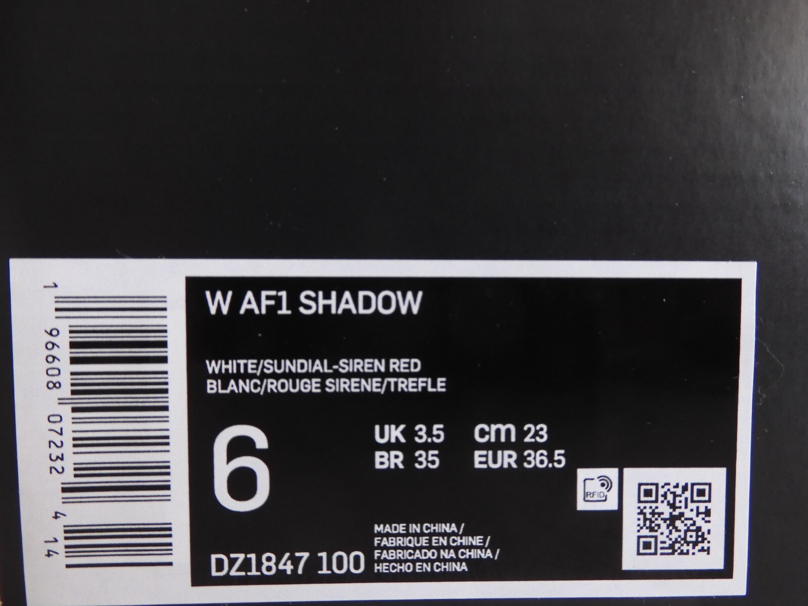 WMNS NIKE AIR FORCE 1 AF1 SHADOW WHITE-RED SZ 6 [DZ1847-100]