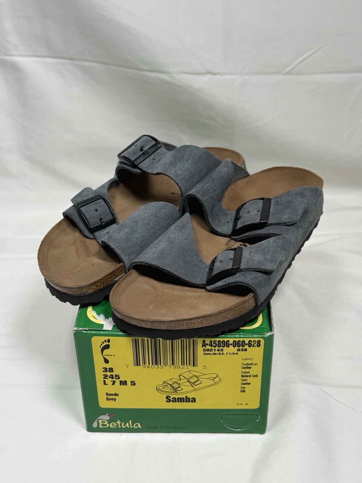 NEW Birkenstock Betula Samba Two Strap Sandal Grey Suede EU 38 L7 M9 Narrow