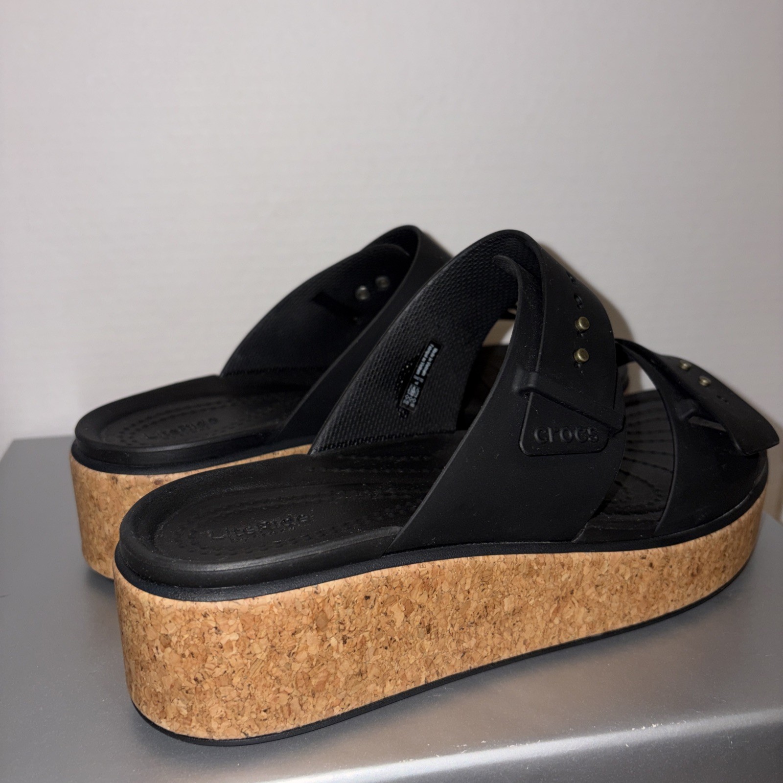 Crocs Brooklyn Black Cork Platform Sandals Double Strap LiteRide Womens Size 8