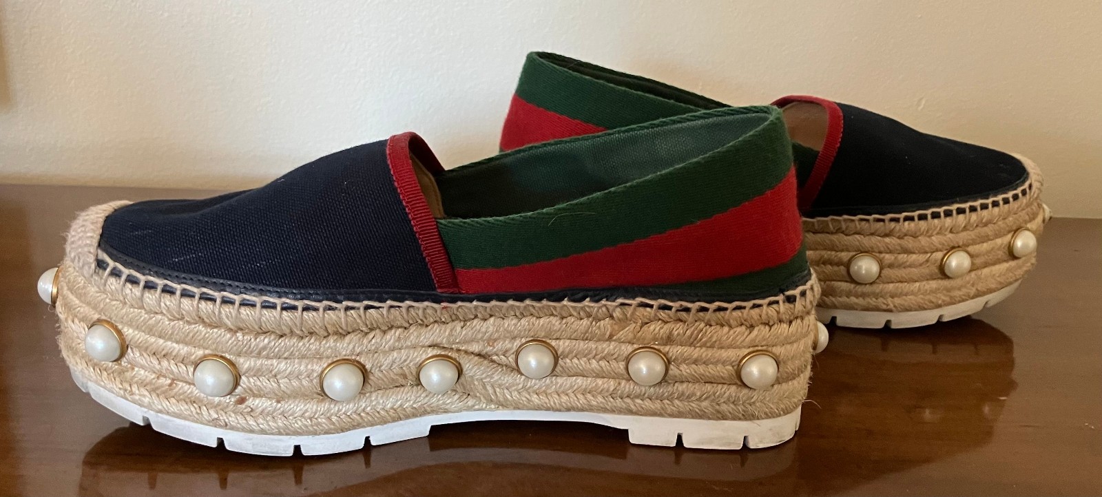 Gucci Pearl Studded Espadrille Flats Blue/Green/Red SZ 38 1/2 Slightly Worn