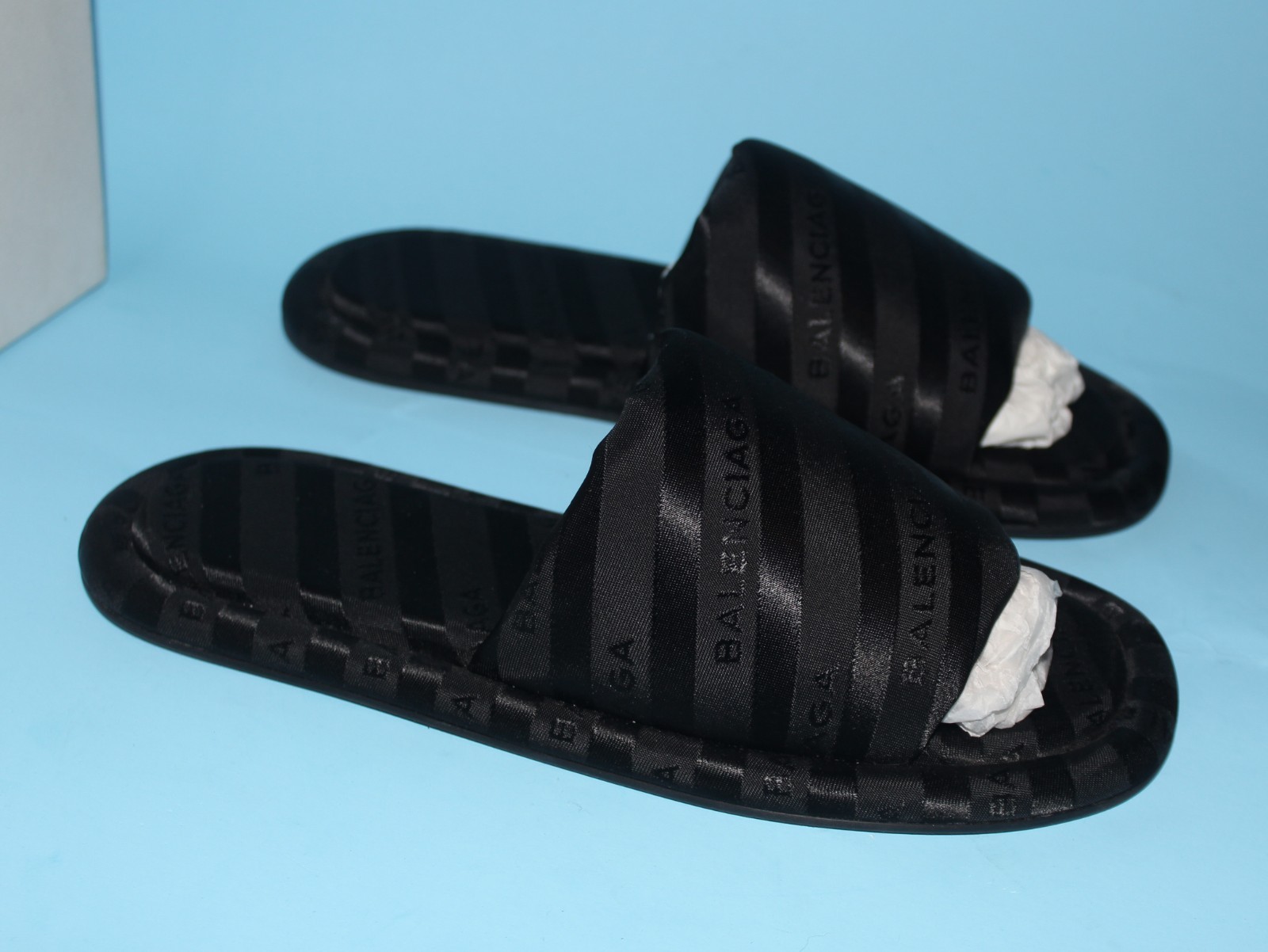 NIB BALENCIAGA Satin Logo Jacquard Hotel Slides Black Demna Le City sz 37 $600