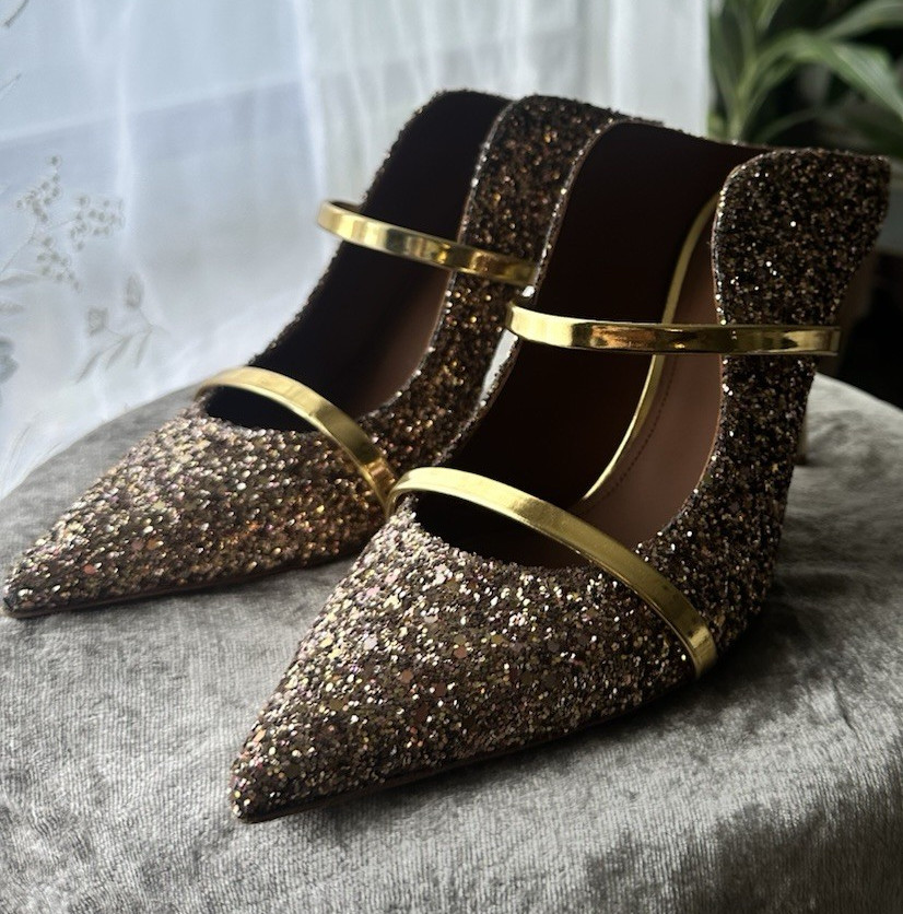 Malone Souliers Gold Glitter Pointed Toe Strappy Mule Stiletto Heels US 9