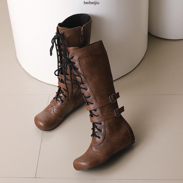 Women’s Mid Calf Hidden Wedge Heel Boots Lace Up Buckle Casual Shoes 48/49/50