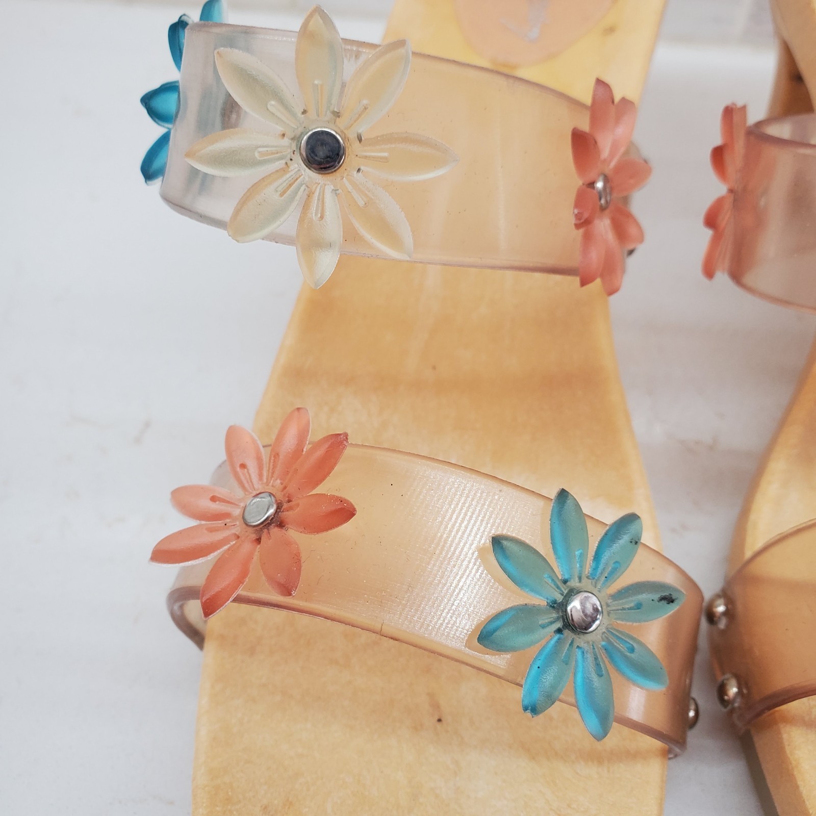 Chinese Laundry Slip-On Heels Clear Straps Jelly Flowers Rubber Platform Italian