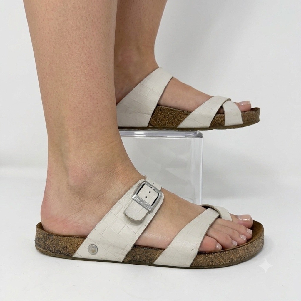 Haflinger Alice White Croc Embossed Leather Cork Footbed Sandals Womens 41