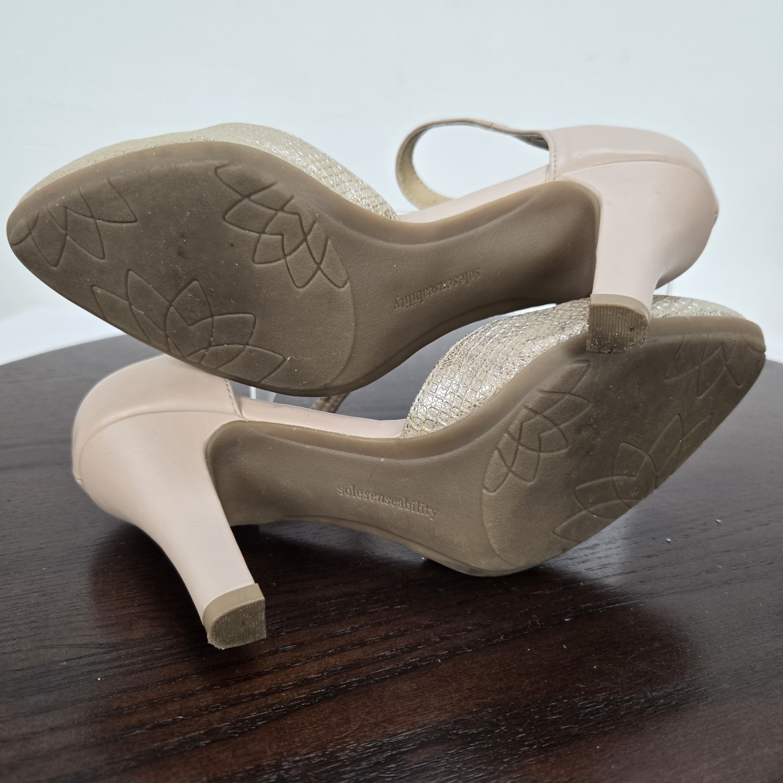 Solesenseability Pumps Women 6.5M Beige Gold Ankle Buckle Strap Casual Party