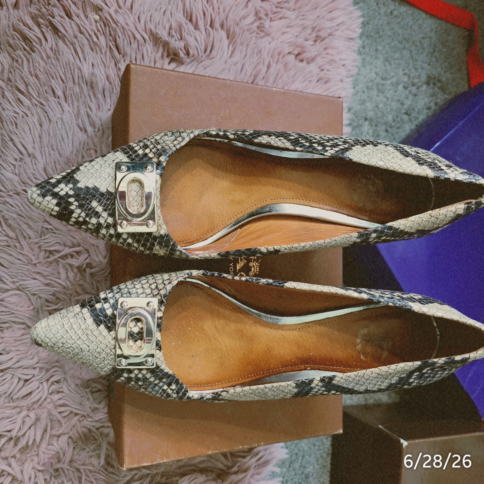 Coach Snake Print Pointed Toe Slingback Flats Slip-On Black/White 8B