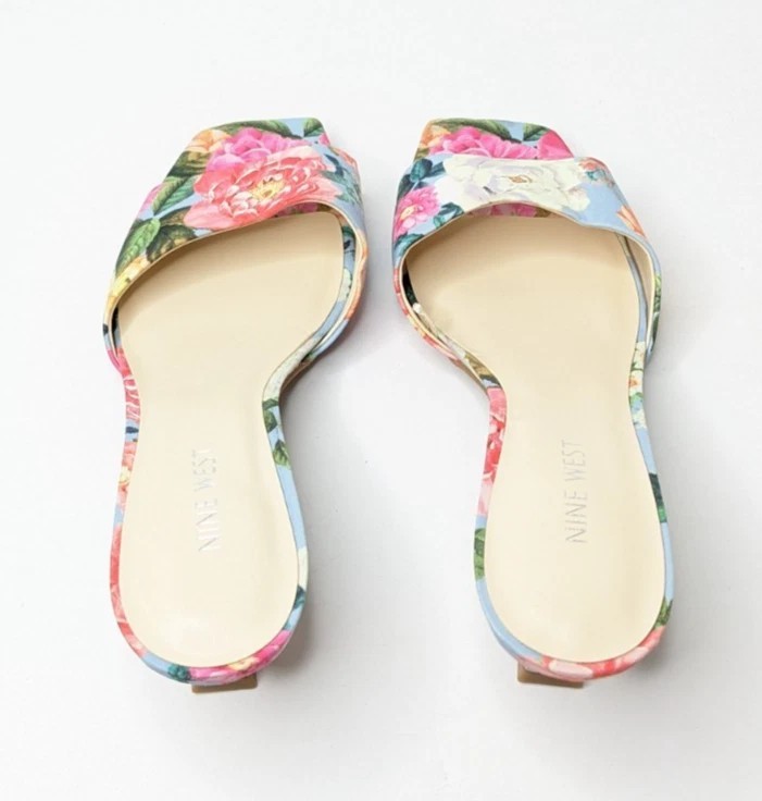 Nine West NINYA Floral Kitten Block Heel Open Toe Slip-on Sandals Size 9