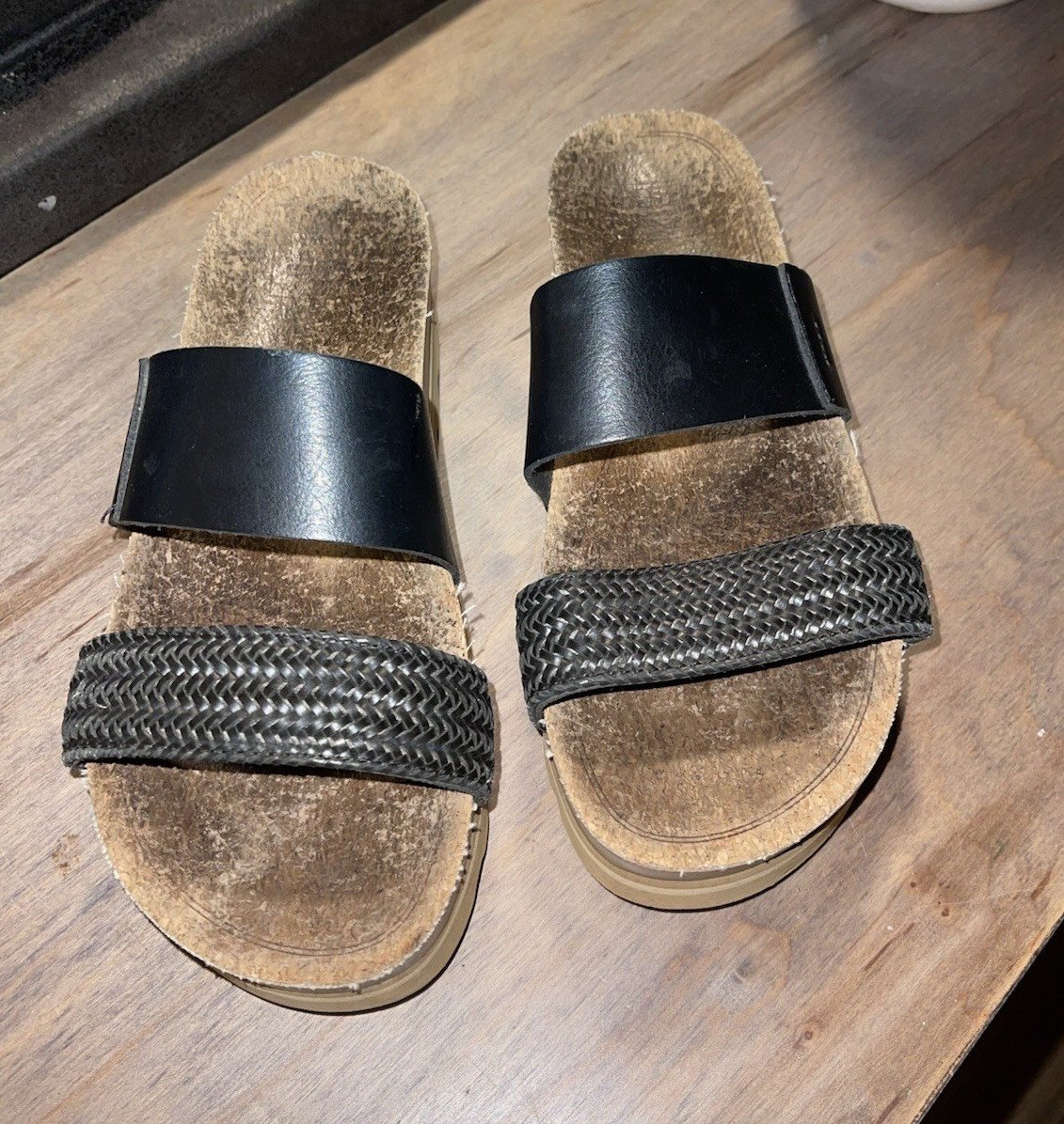 Reef Black Two-Strap Slide Sandals Logo Accent Cork Insole Women’s US 8