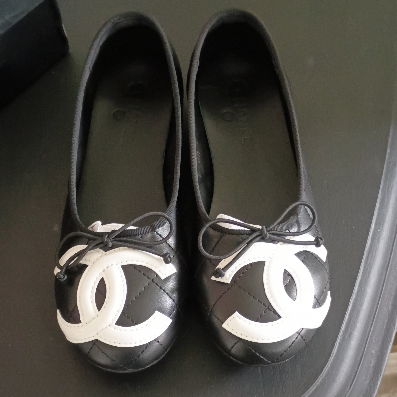 Chanel Ballet Slipper Cambons Size 7.5 Black CC LOGO Authentic BRAND NEW