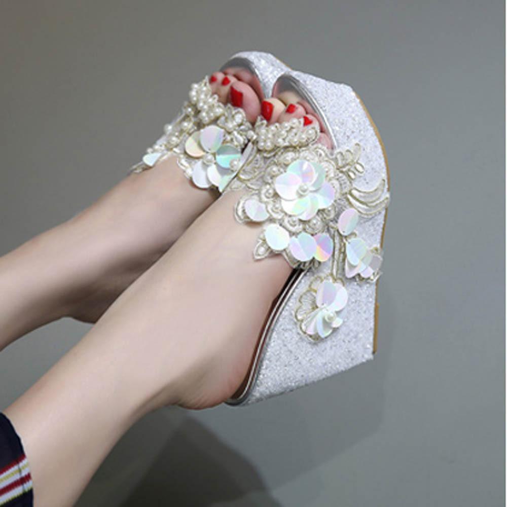 Womens Platform Open Toe Floral Sequins Wedge Heel Sandals Sweet Casual Shoes