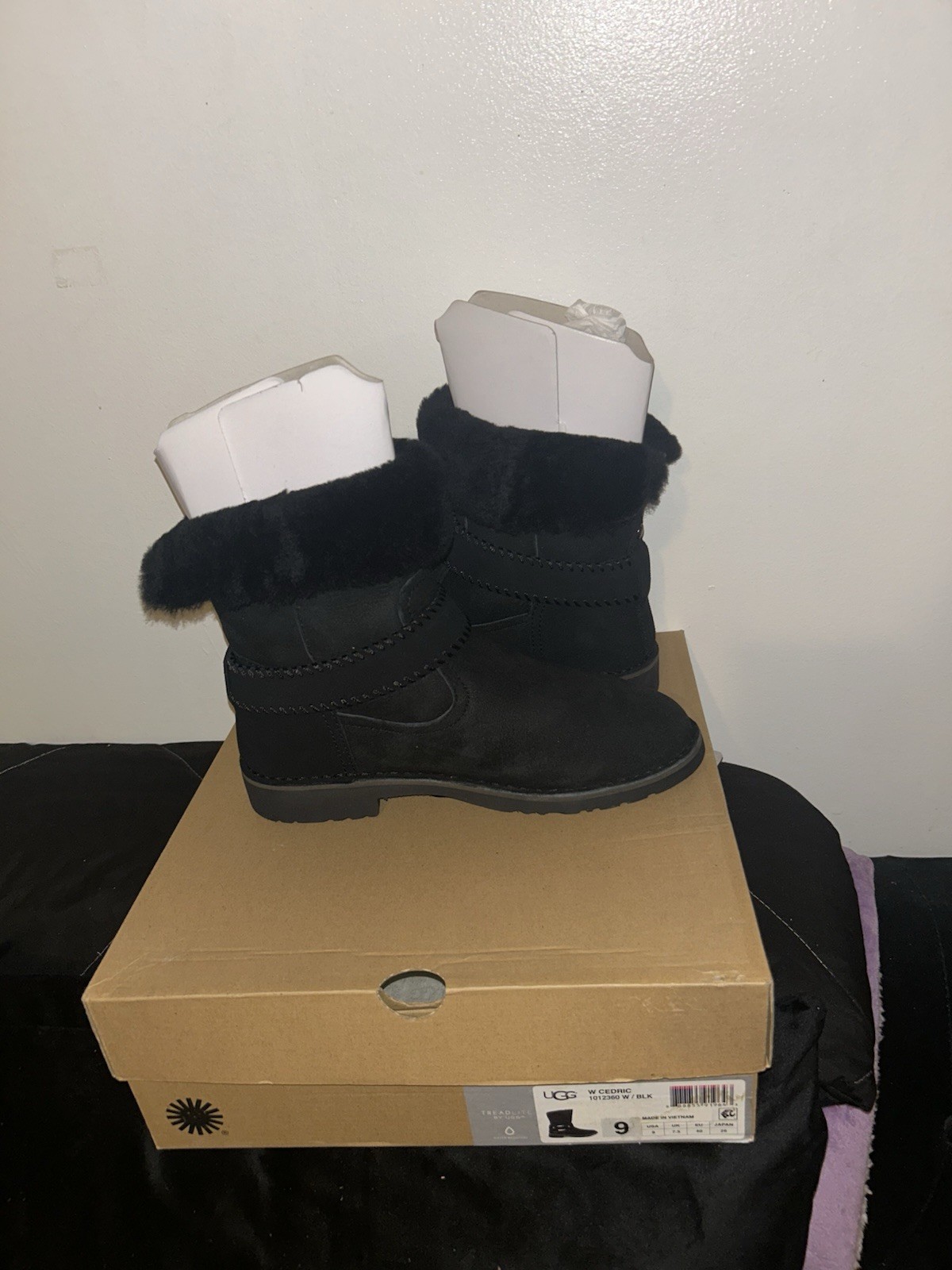 UGG Cedric Women’s Black Suede Mid-Calf Boots Faux Fur Buckle US 9