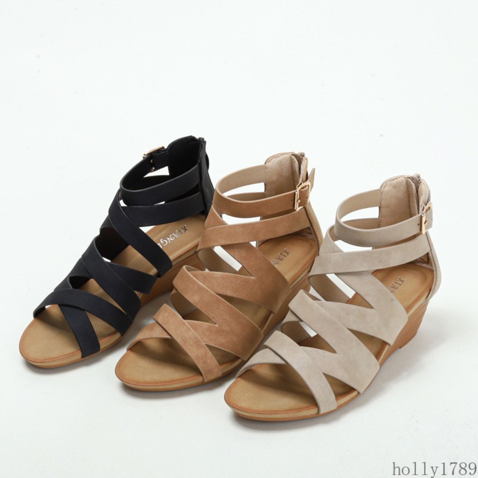 Women Crisscross Multi Strap Adjustable Buckle Zip Open Toe Wedge Heel Sandals