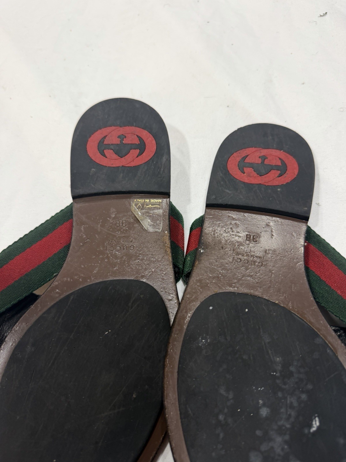 Gucci GG Logo Web Stripe Thong Sandals Brown Red Green Black US 8 EU38