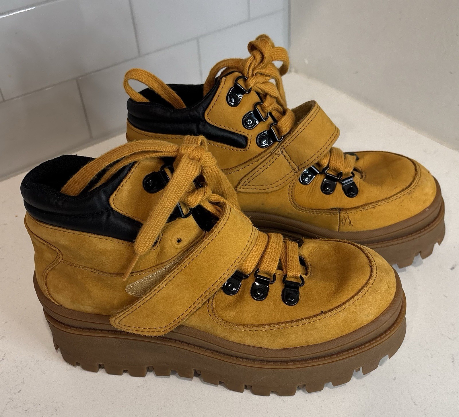 JEFFREY CAMPBELL Top Peak Platform Hiking Boots Mustard Yellow Lug Sole Chunky