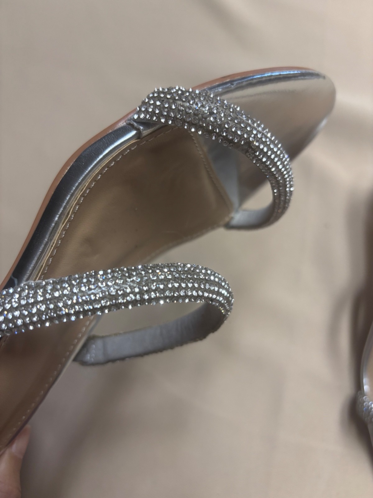 JustFab Block Heel Women’s Silver Chloe Slip On Strap Beaded Clear Sz 10 READ