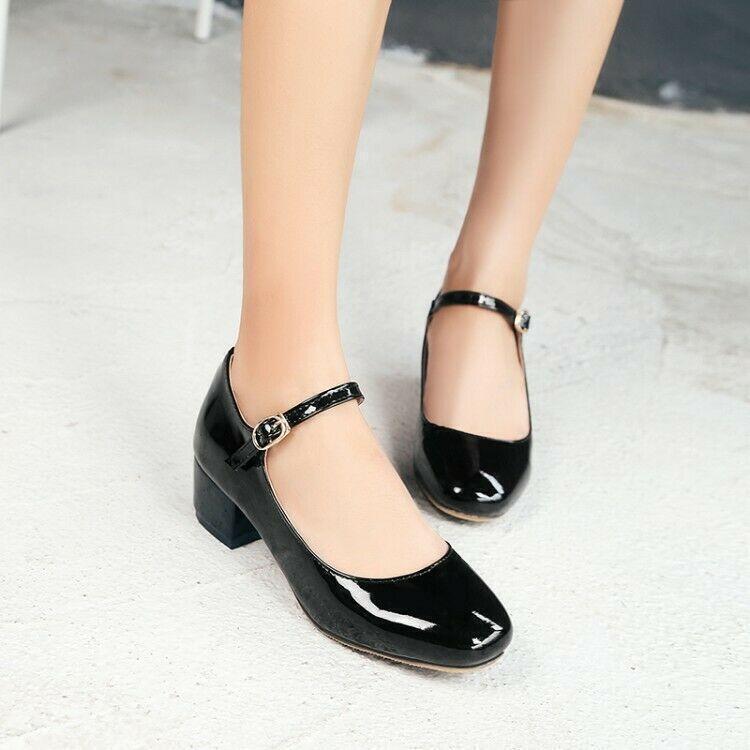 Women’s Square Toe Block Heel Loafer Ankle Strap Mary Jane Shoe Daily Pump Black