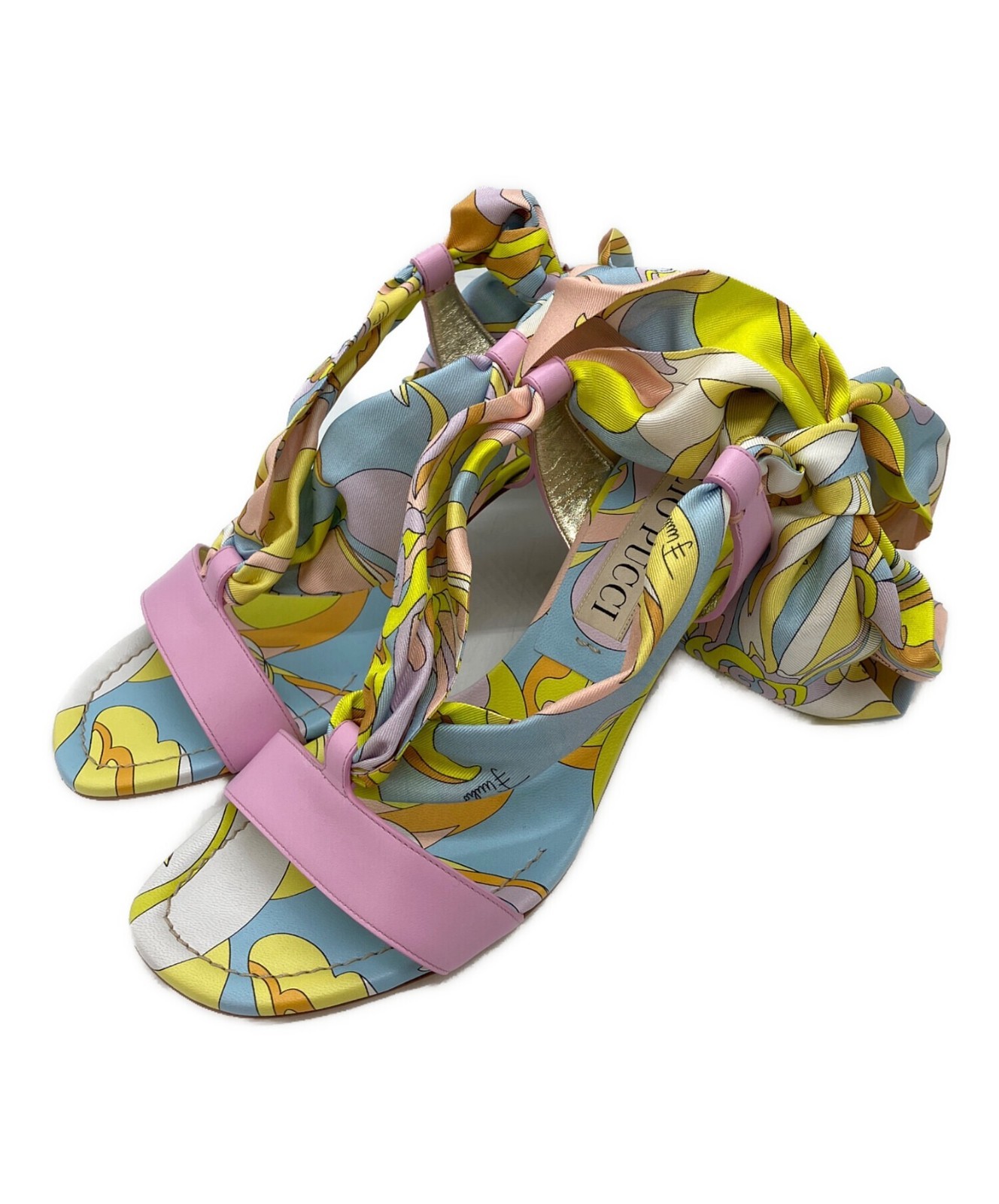 Emilio Pucci Sandals Geometric Scarf Detail Heel Pink Blue Multicolor Size 37.5
