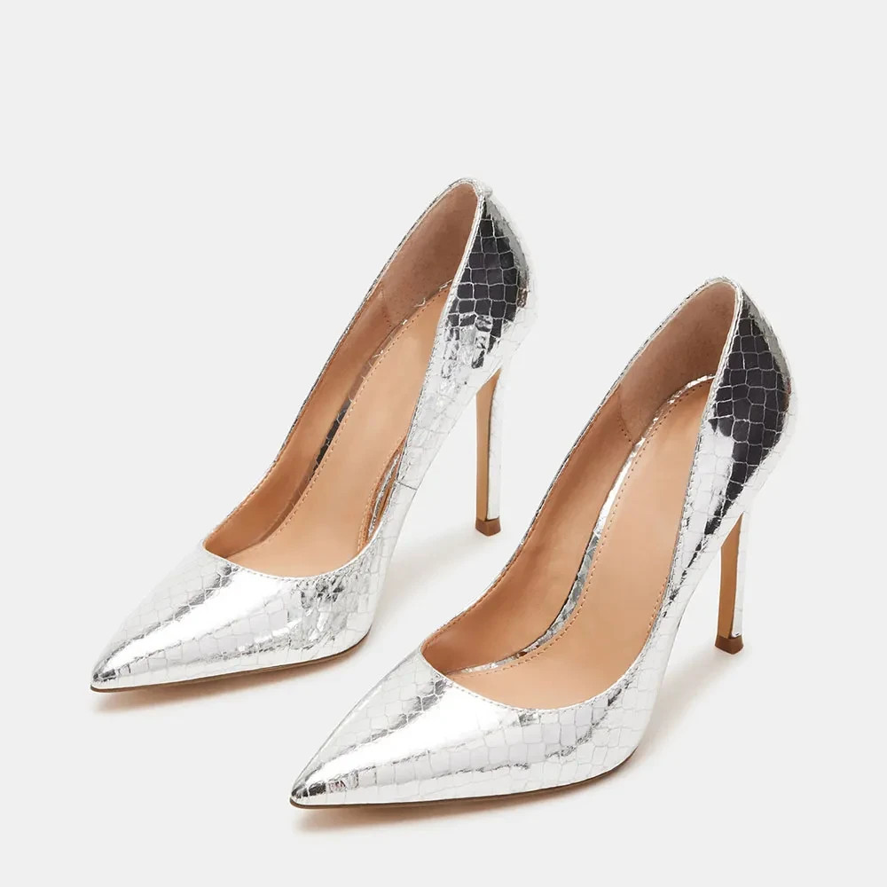 Silver Textured Metallic Heels Pointed Toe Pumps Shoes for Women FSJ202312184
