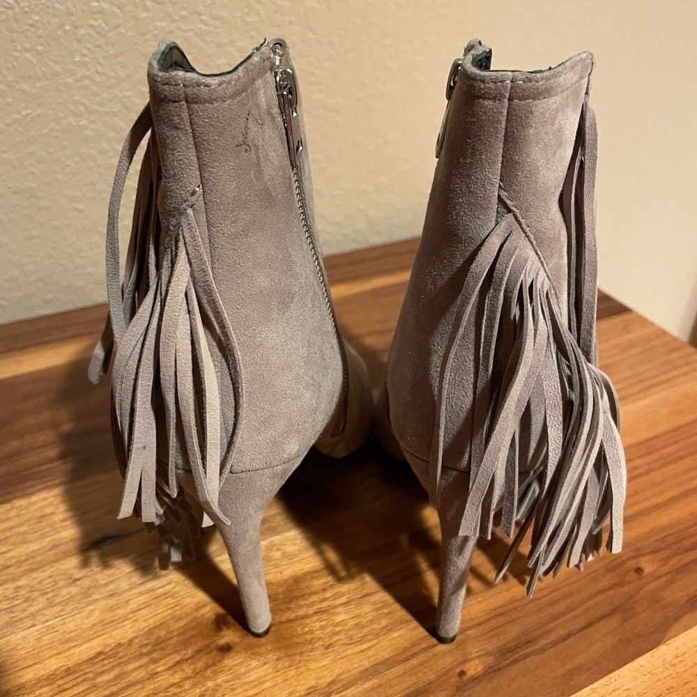 All Saints Gray Fall Fringe Suede Ankle Booties Sz 7