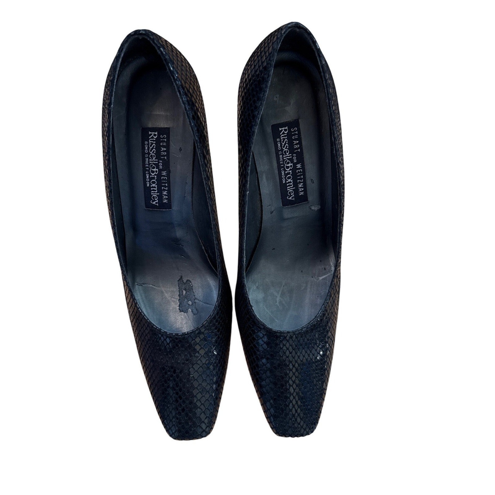 Stuart Weitzman Russell Bromley Black Mock Croc Leather Pumps Vtg Square Heels