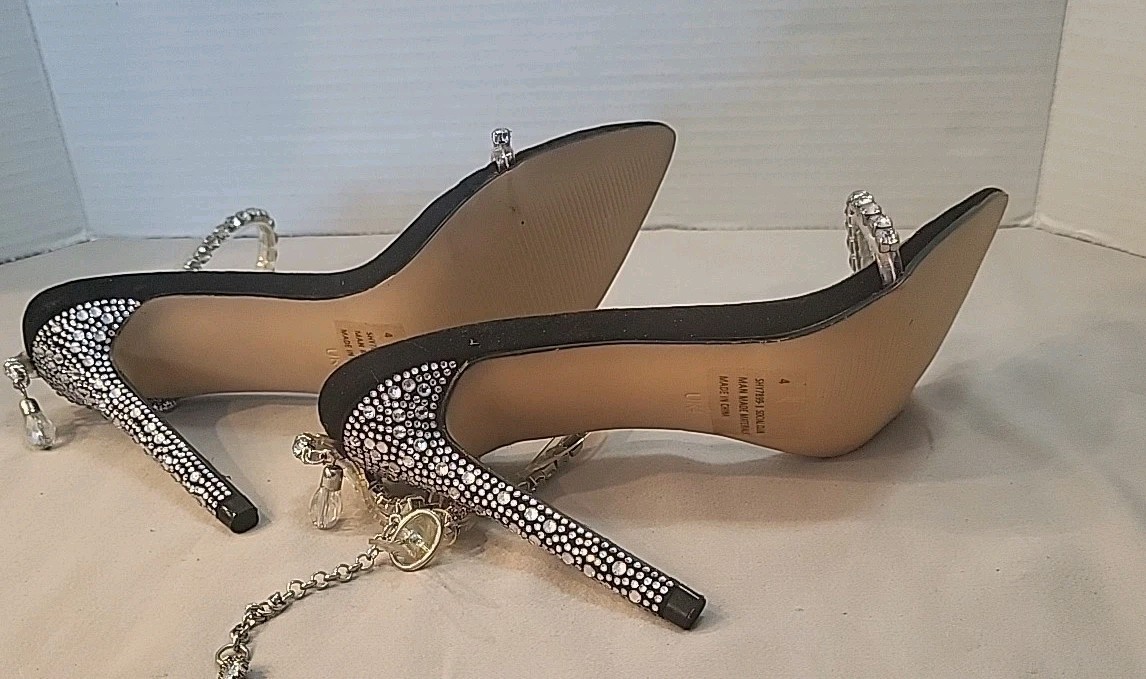 EGO BLACK STILLETO HEEL US 6 UK4 WOMEN SEQUINED HEEL JEWELED ANKLE STRAP