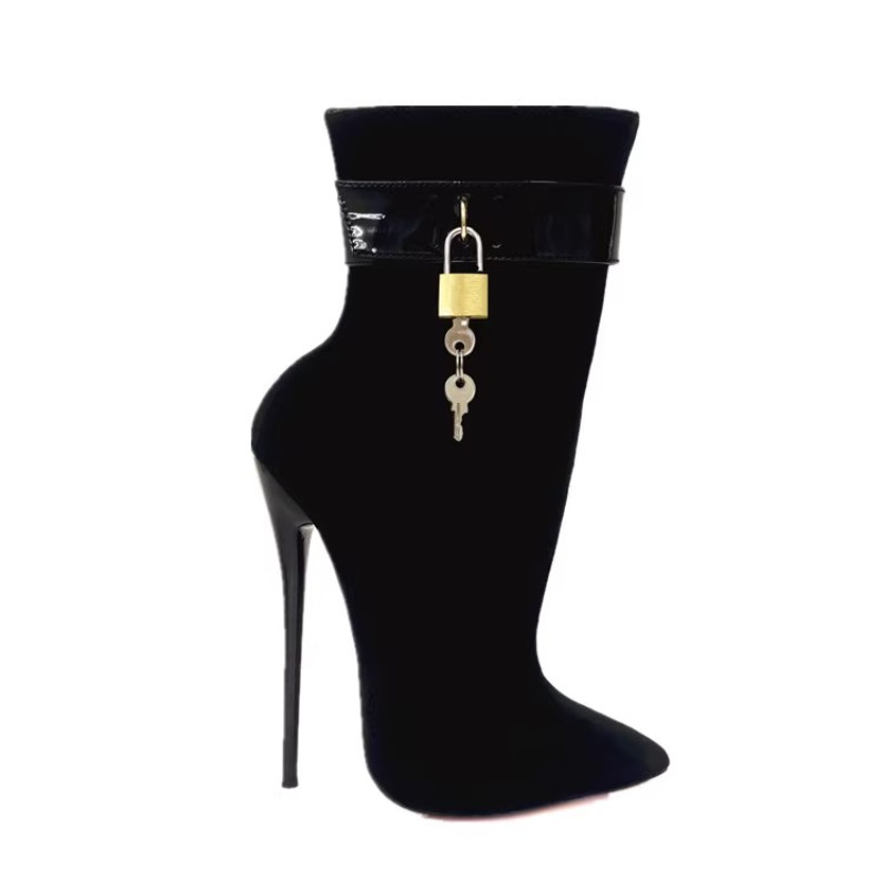 Womens Lock 16cm High Stiletto Heels Sexy Pointed Toe Metal Ankle Boots Shoes