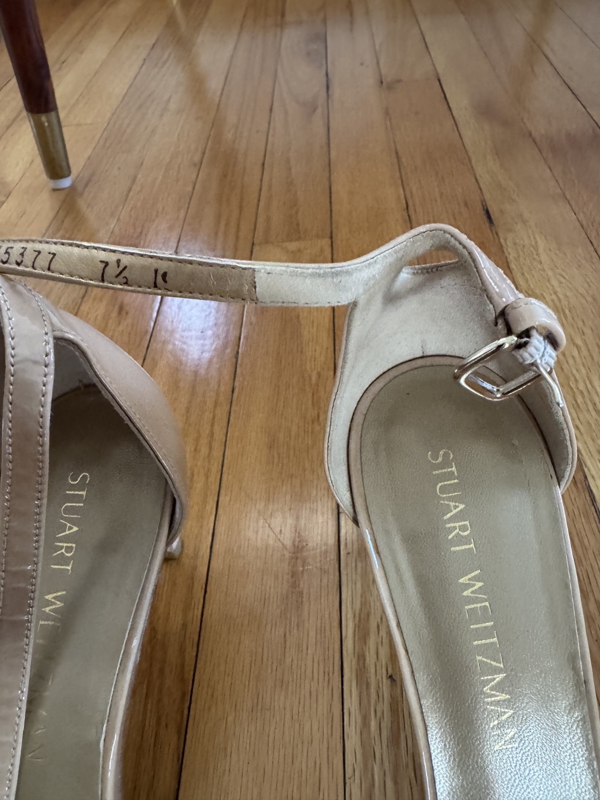 Stuart Weitzman Nude Patent Leather Ankle Strap Stiletto Sandal Size 7.5