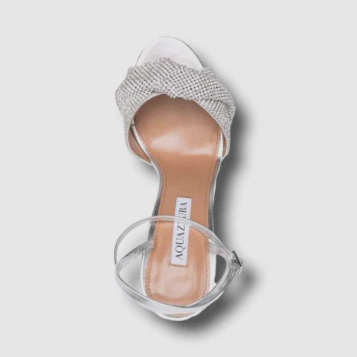$995 Aquazzura Women Silver Crystal Twist Ankle Strap Sandal Shoe EU 38.5/US 8.5