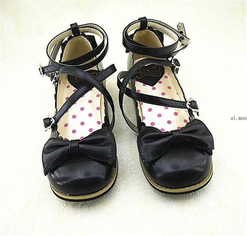 Women Lolita Low-heeled Mary Jane High Heel Cross Straps Bow Knot Princess Shoes