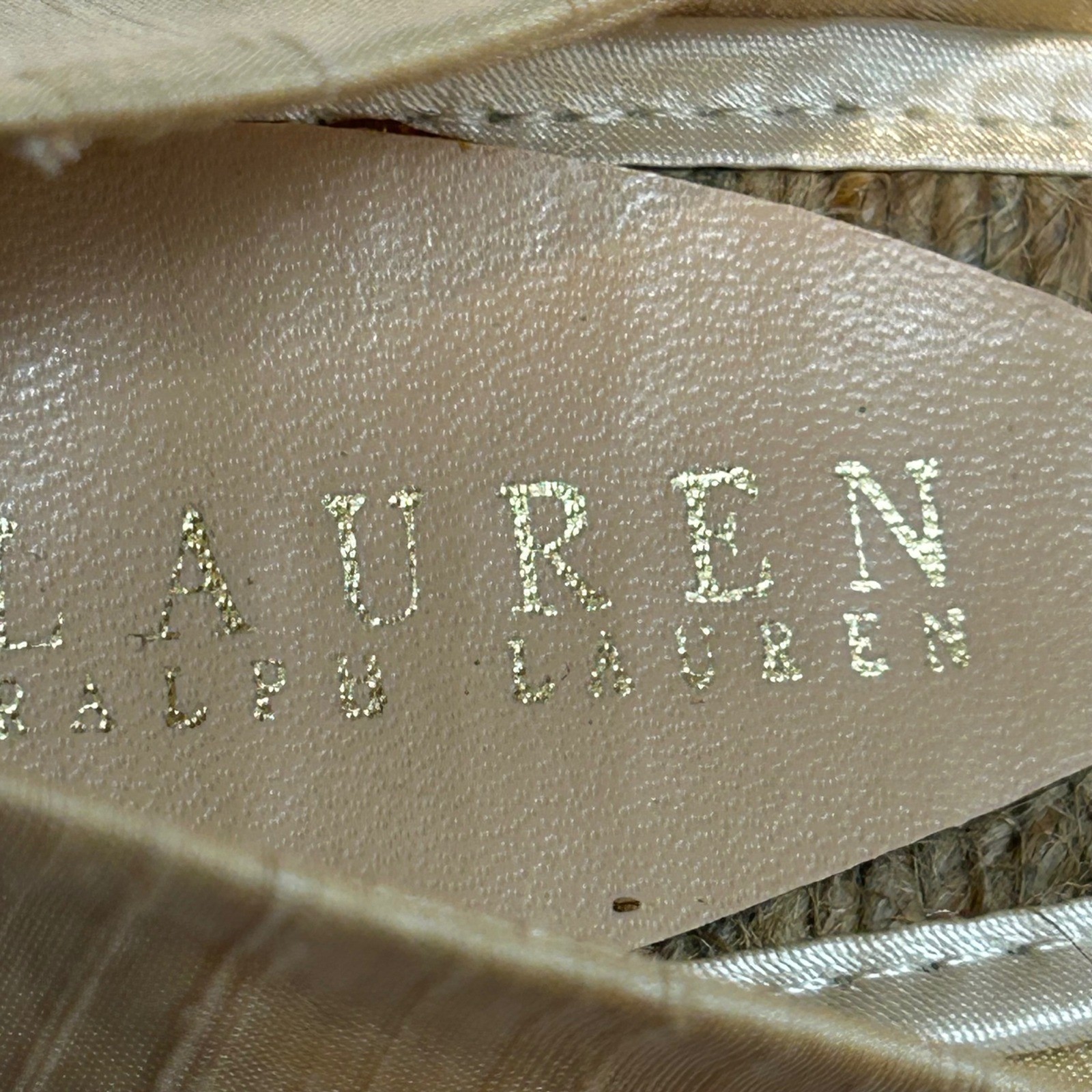 Lauren Ralph Lauren Cecilia Parchment Shantung Espadrille Wedges Gold 9B Spain