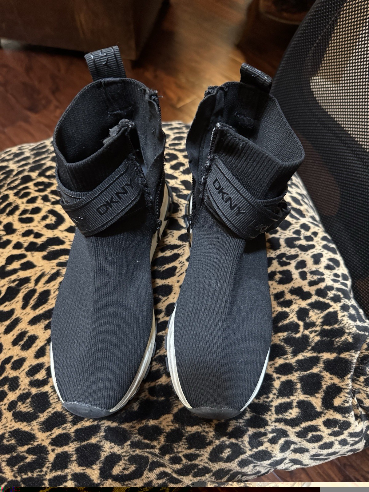 DKNY Miley Black Sock Sneakers Logo Buckle Strap Slip On High Top Shoes Size 7M