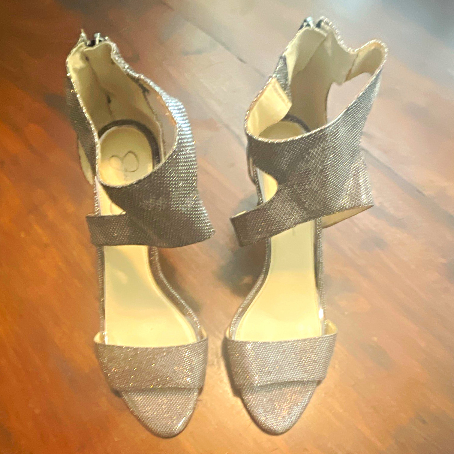 Jessica Simpson Silver Glitter Strappy Open Toe Stiletto Ankle Strap Heels 12