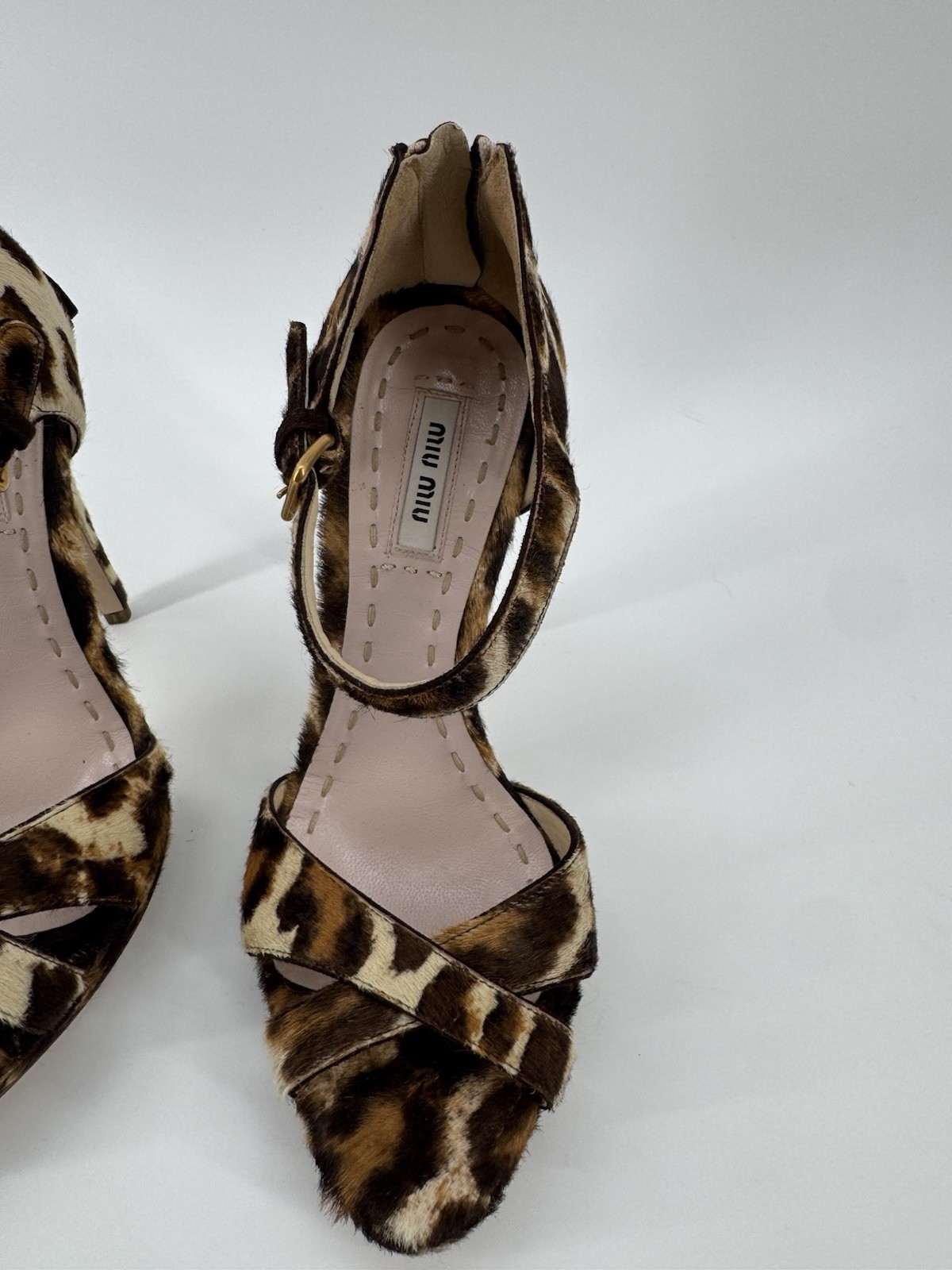 Miu Miu Leopard Print Calf Hair Crisscross Ankle Strap Heels Sz37.5 Authenticate