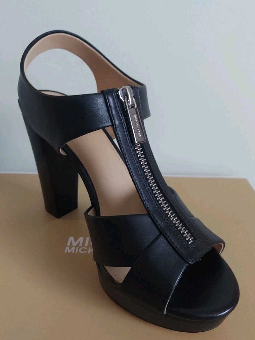 Michael KORS LIESEL Black SILVER Logo Zipper T Strap Platform Sandals LOVE SHOES