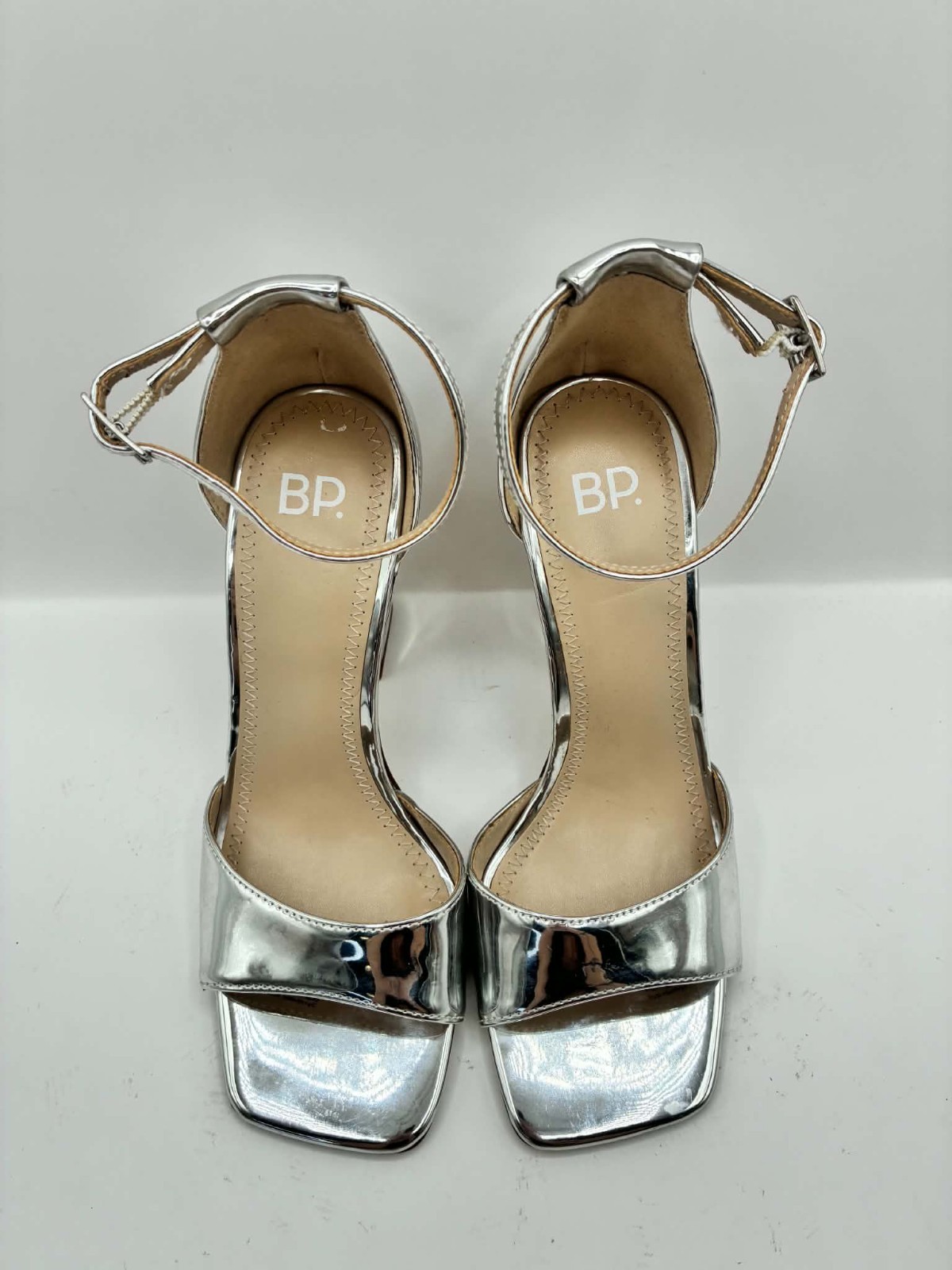 BP Silver Heel Shoes Ankle Strap Patent Upper Sandal Women Shoe Size 6 NEW
