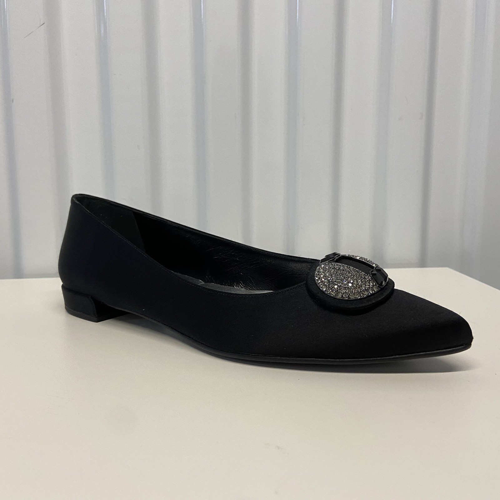 VTG 90s Stuart Weitzman Black Satin Pointed Toe Rhinestone Dress Flats 7 N