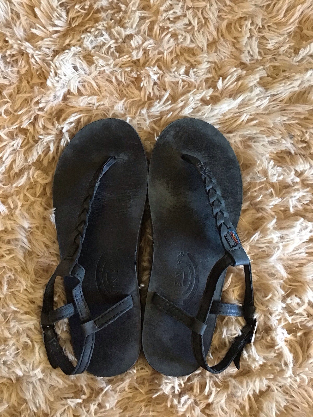 Rainbow Black Braided Leather T-Strap Thong Slip-On Sandals, Size 6