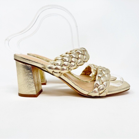 Sincerely Jules IRIS Braided Sandal Metallic Gold Square Toe Slip On Heel 7.5