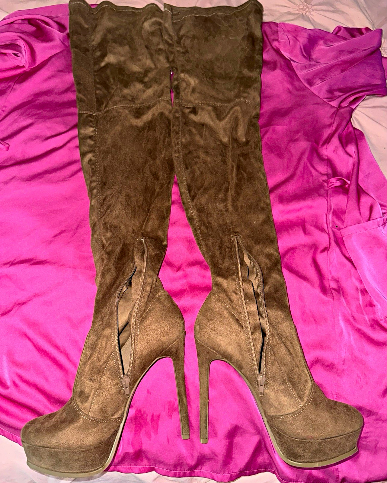 Fashion Nova Women’s Brown Suede Thigh-High Platform Stiletto Zip Boots 7.5
